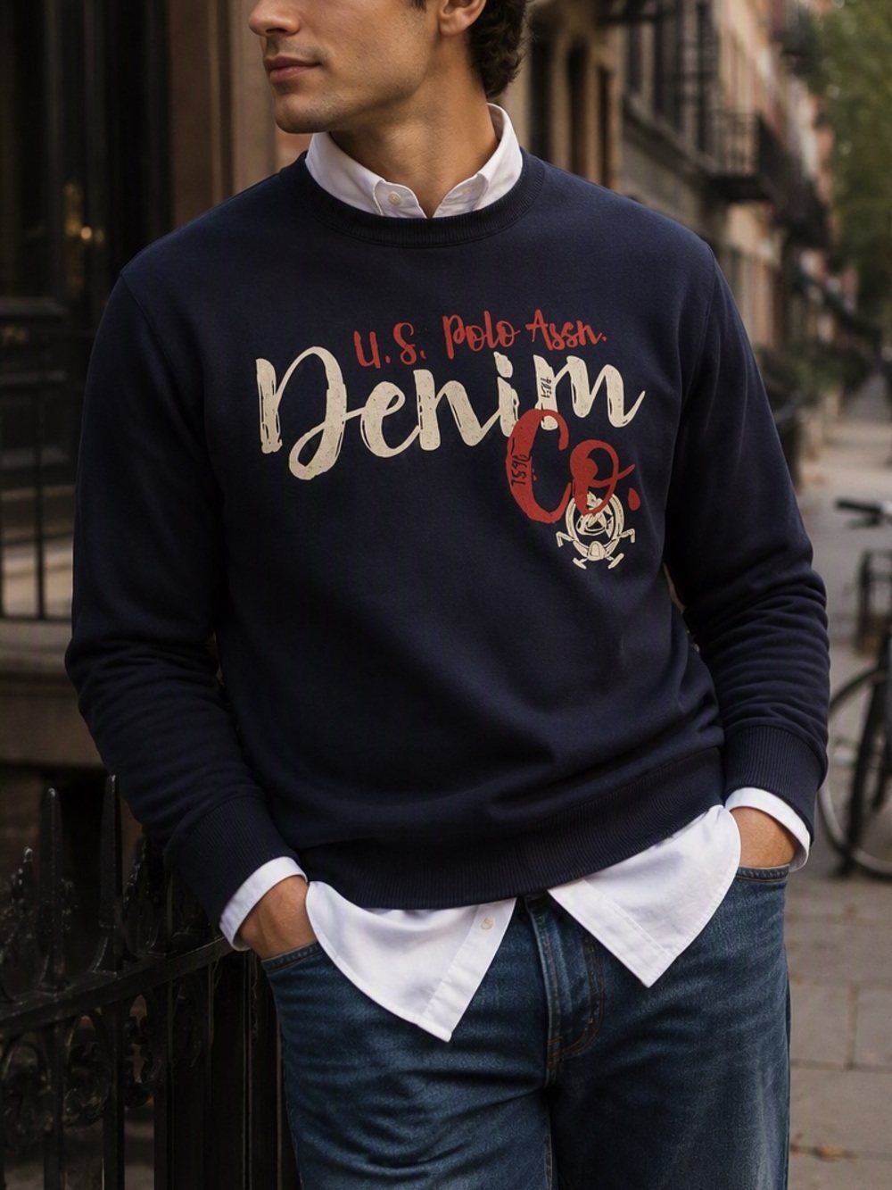 U.S. Polo Assn Denim Co Graphic Crewneck Sweater Navy Blue Mens XL
